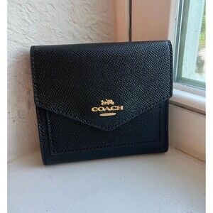 Coach Pebbled Black Leather Tri-Fold Envelope Wallet with Gold Hardware